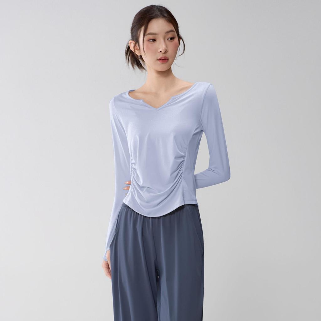 Women's V-Neck Yoga Suit: Loose, Quick-Dry, Long Sleeve for Casual Sports and Pilates Training