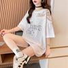 Women Korean Fashion Sexy Lace Patchwork Sequin Oversize T Shirt Summer Black White Short Sleeve Streetwear Tunic Tops Ropa