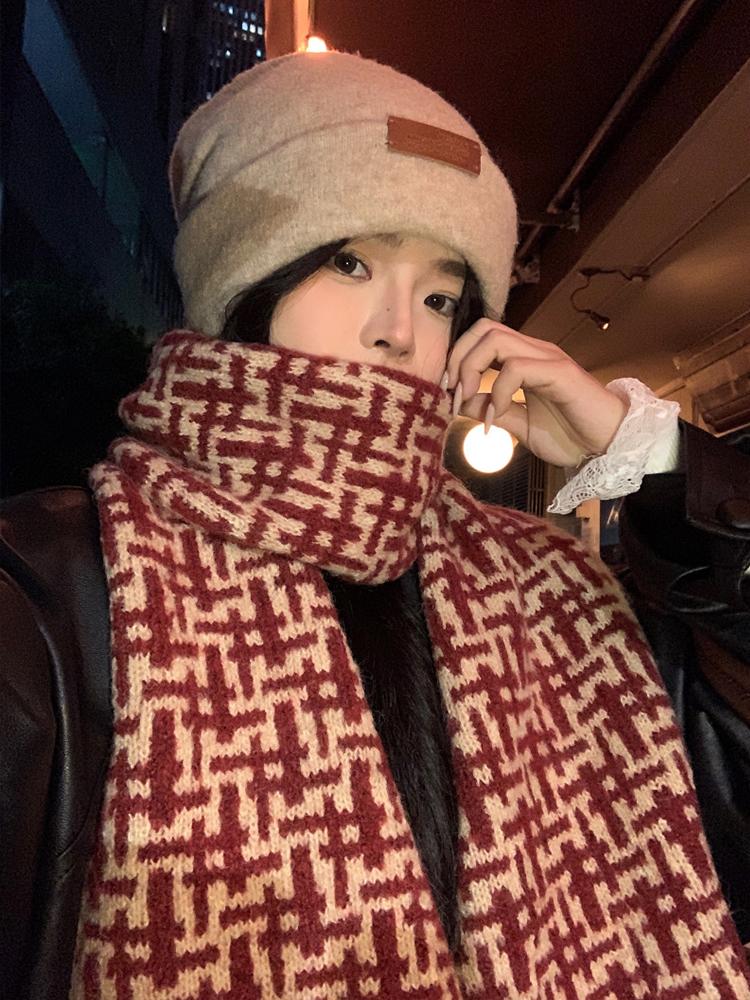 Women Winter Knitted Scarf Headscarf Ladies Casual Red Plaid Warm Scarve Mujer Foulard Wrap Shawl New Christmas New  Gifts