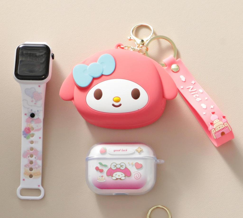 Kreskówkowe Silikonowe Etui Ochronne z Portmonetką na Monetę na Zamek Błyskawiczny, Wykwintny Zegarek LED i Bezprzewodowe Słuchawki Bluetooth TWS