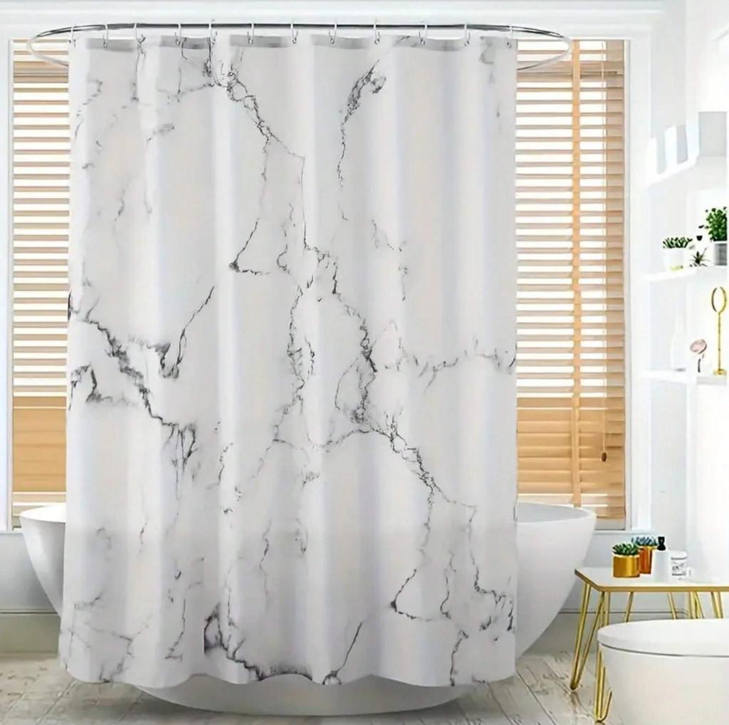 Tenda da Doccia Impermeabile in Poliestere con 12 Ganci - Design Marmo Bianco e Dorato, Accessorio Arredamento Bagno Casa