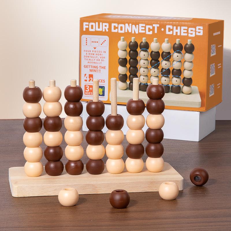 Wooden Children's Early Education Boxed Three-dimensional Double Quadruple Game Chess Puzzle Tabletop Interactive Student Chess Toys