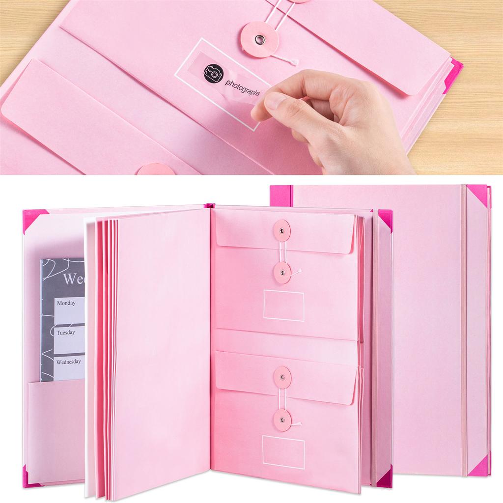 Pink Document Organizer Folio 12 Pockets Envelopes Important File Binder with Label Stickers for Missing Prevention Home School Office
