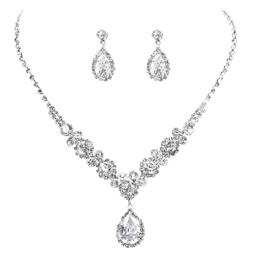 European Fashion Luxurious Zirconia Water Drop Necklace & Floral Earrings Set