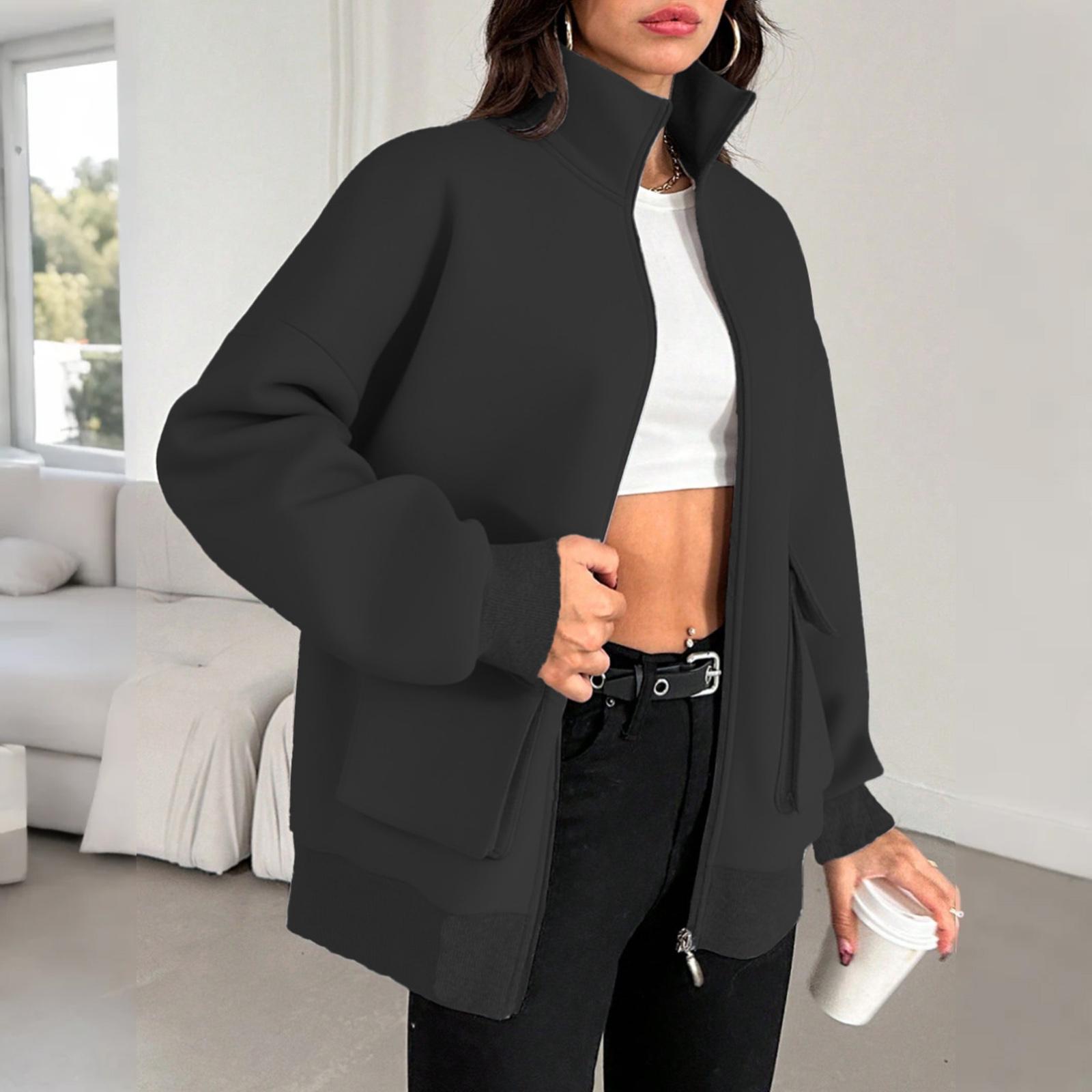 

Женская мода однотонная водолазка бейсбольная форма длинный рукав куртка на молнии L чёрный