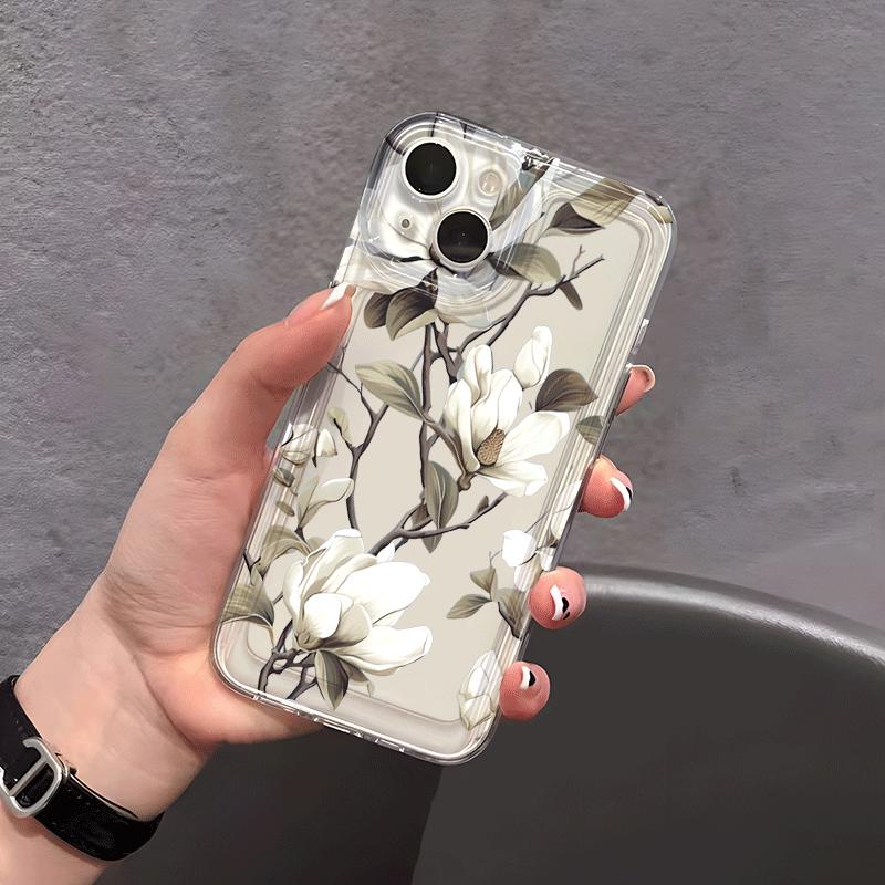 White Magnolia pattern phone case suitable for iPhone 17 16 15 14 13 12 11 Pro/Max/Plus anti drop and shockproof back cover