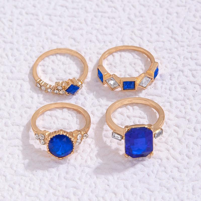 Men and Women Color Diamond Set 4-piece Ring Geometric Imitation Gemstone Set Ring Set