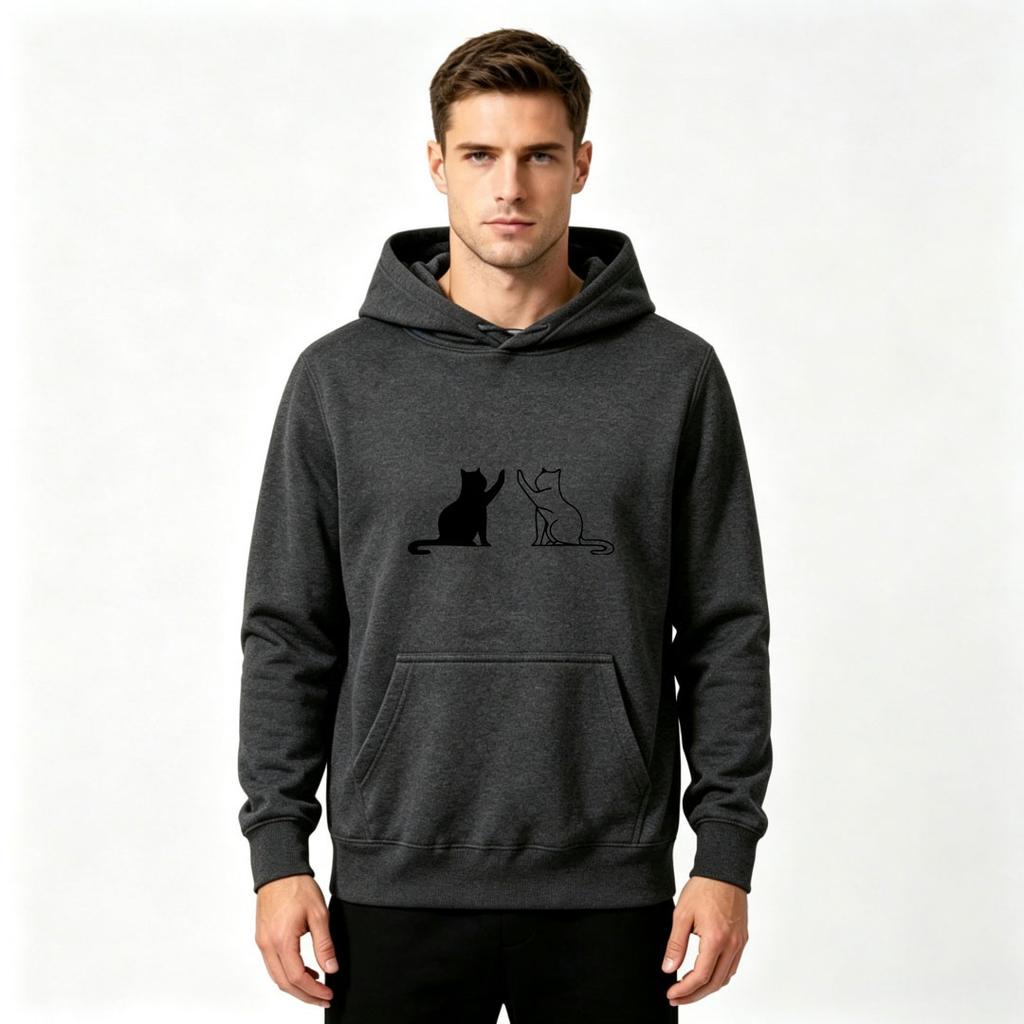 Men's Cute Two High Five Cats Pattern White DTF Print Long Sleeve Hoodie Casual Pullover Hooded Sweatshirt Streetwear Daily Top For Adult Men
