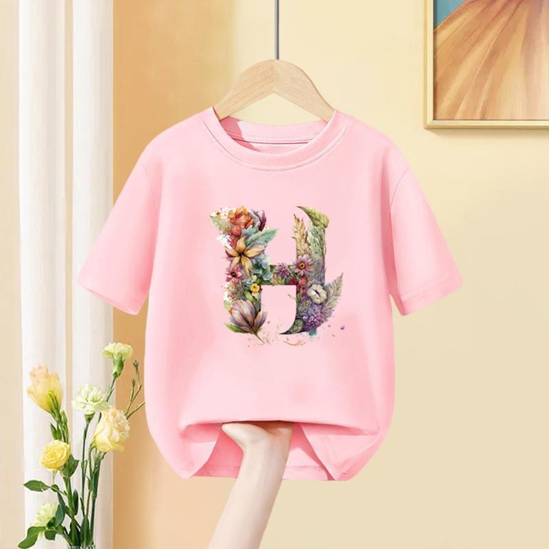 Girls T Shirt Custom Name Letter Combination Print Tshirt Flower Letter Font A B C D E F G Short Sleeve Kids Pink Tops