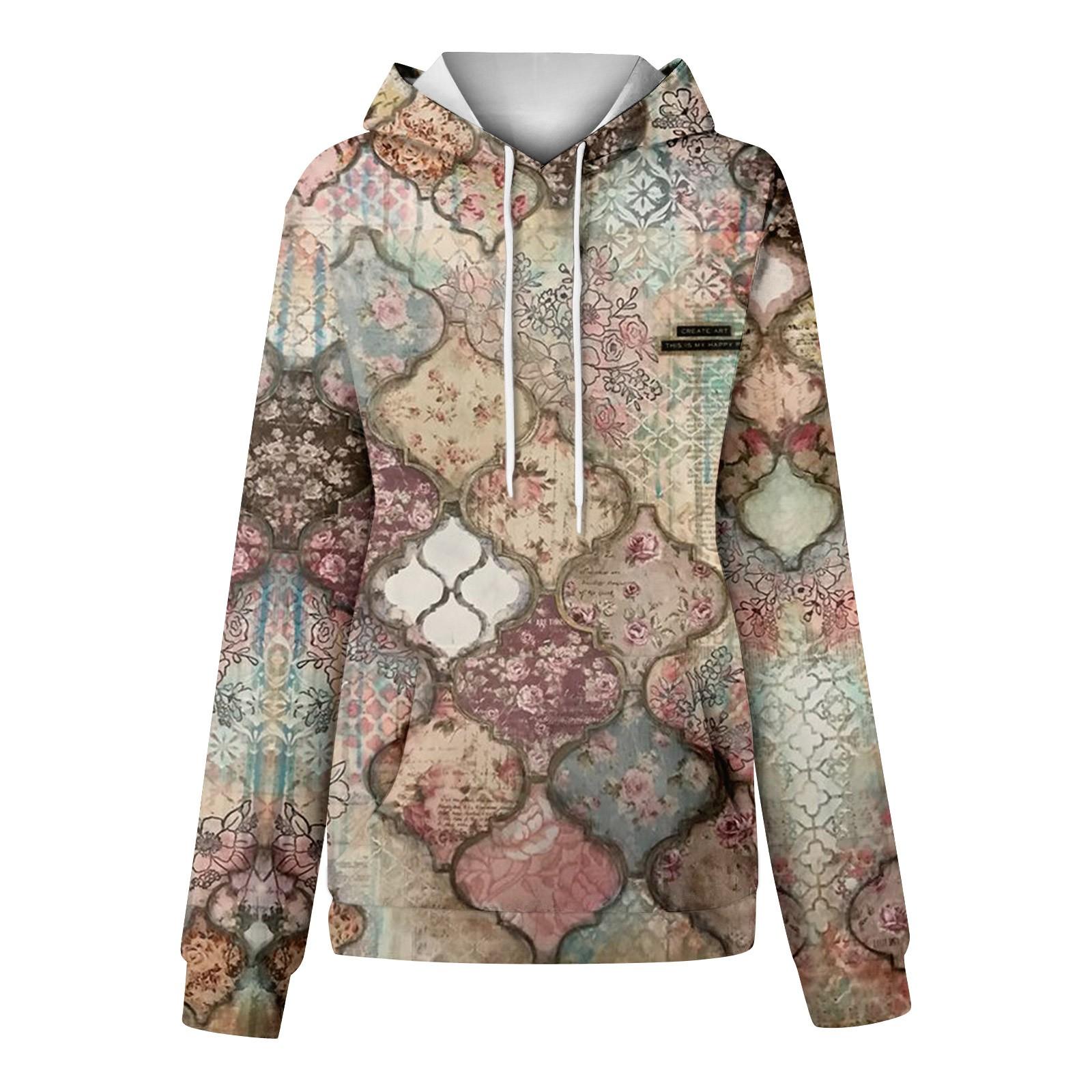 Женская повседневная мода винтажный принт длинный рукав пуловер с капюшоном топ XXXL — фото 5