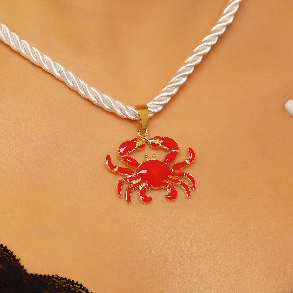 Cute Colorful Enamel Crab Lobster Ocean Animal Pendant White Rope Chain Necklace for Men Women Ocean Style Vacation Jewelry Gift