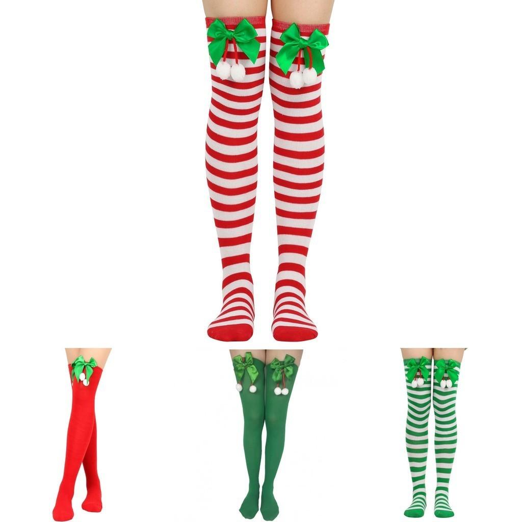 Striking Red-green Stripe Christmas Knee Socks For Women Kids
