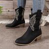 New Large Size Women's Boots Autumn and Winter Embroidery Sleeve Thick Heel Knight Boots Retro Medium Tube Pointed Cowboy Boots