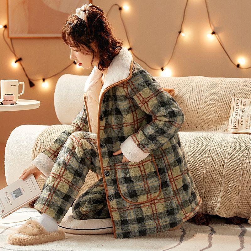 

Новая пижама из кораллового бархата для женщин, зимняя домашняя одежда, трехслойный утепленный костюм, женская фланелевая верхняя одежда, комплекты домашней одежды для девочек 2XL