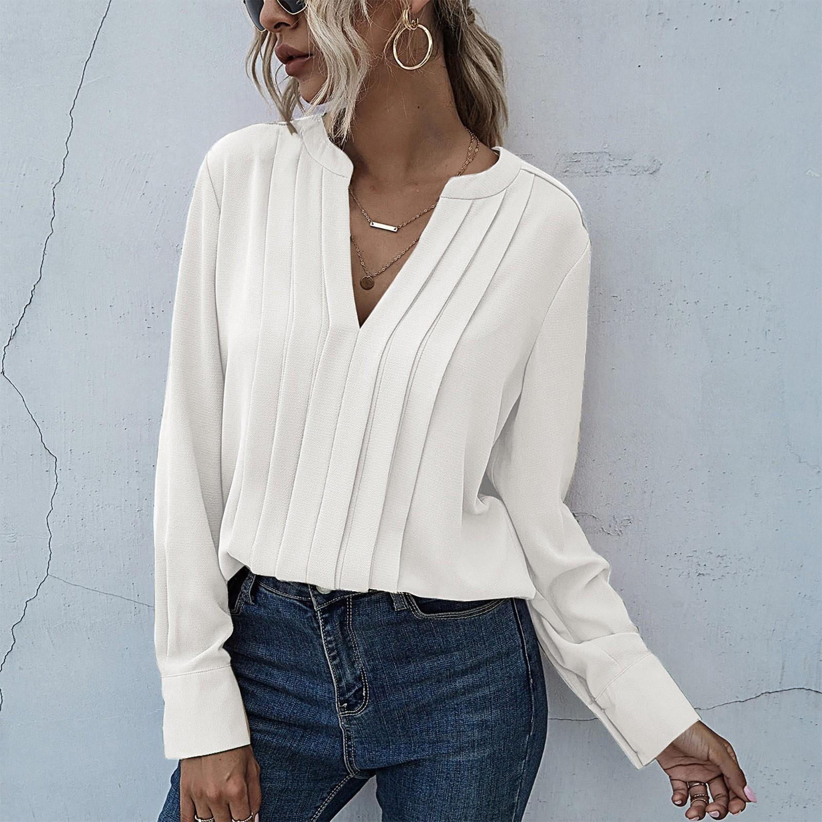 

Women s Casual Loose Deep V-neck Shirt Chiffon Pleated Long Sleeve Work Shirt M белый