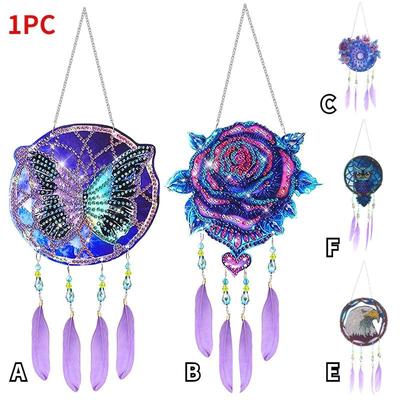 1 Pc ציור יהלומי עשה זאת בעצמך 5D מקדחה נקודתית DIY ציור יהלום פעמוני רוח, קישוטי ציור דו צדדיים עם תליון נוצה לקישוט גן