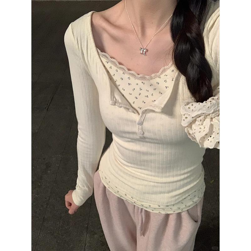 Lace collar floral splicing fake two-piece top spring slim-fitting sweet and spicy inner bottoming shirt long-sleeved shirt women