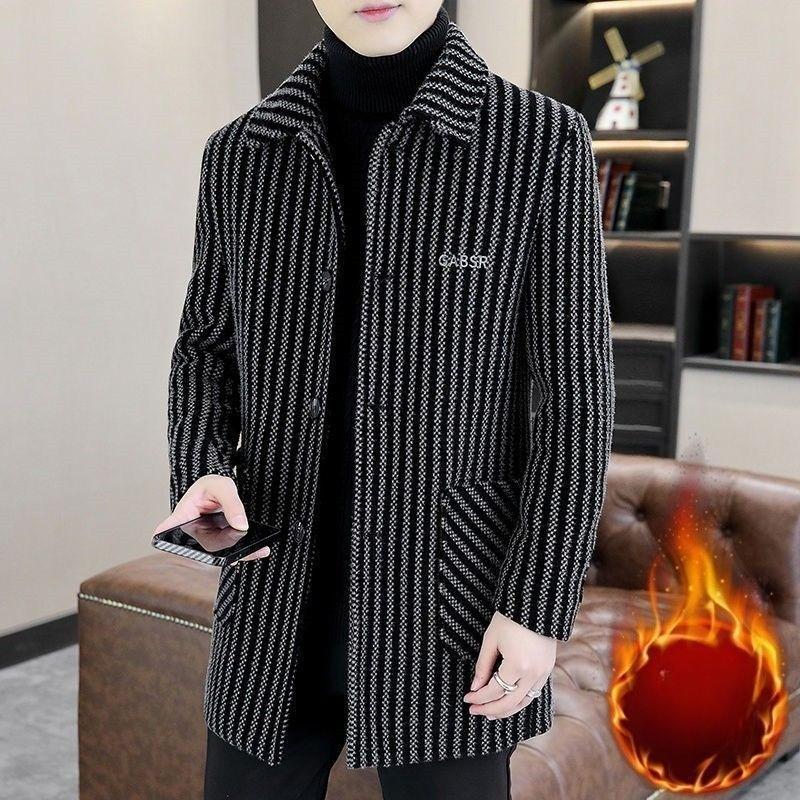Winter Wool Fleece-lined Warm Men's Mid-length Fashionable Wool Coat Thickened Lapel Striped Handsome Versatile Trench Coat