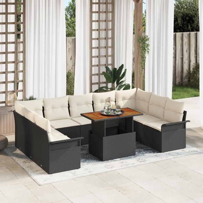 VidaXL Set de salle à manger jardin 10 pièces avec coussins noir poly rotin acacia 3349375