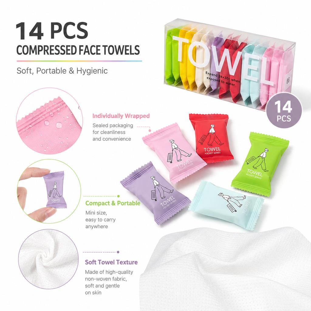 14PCS Disposable Compressed Face Towels Portable Travel Cleansing Towels Individually Wrapped
