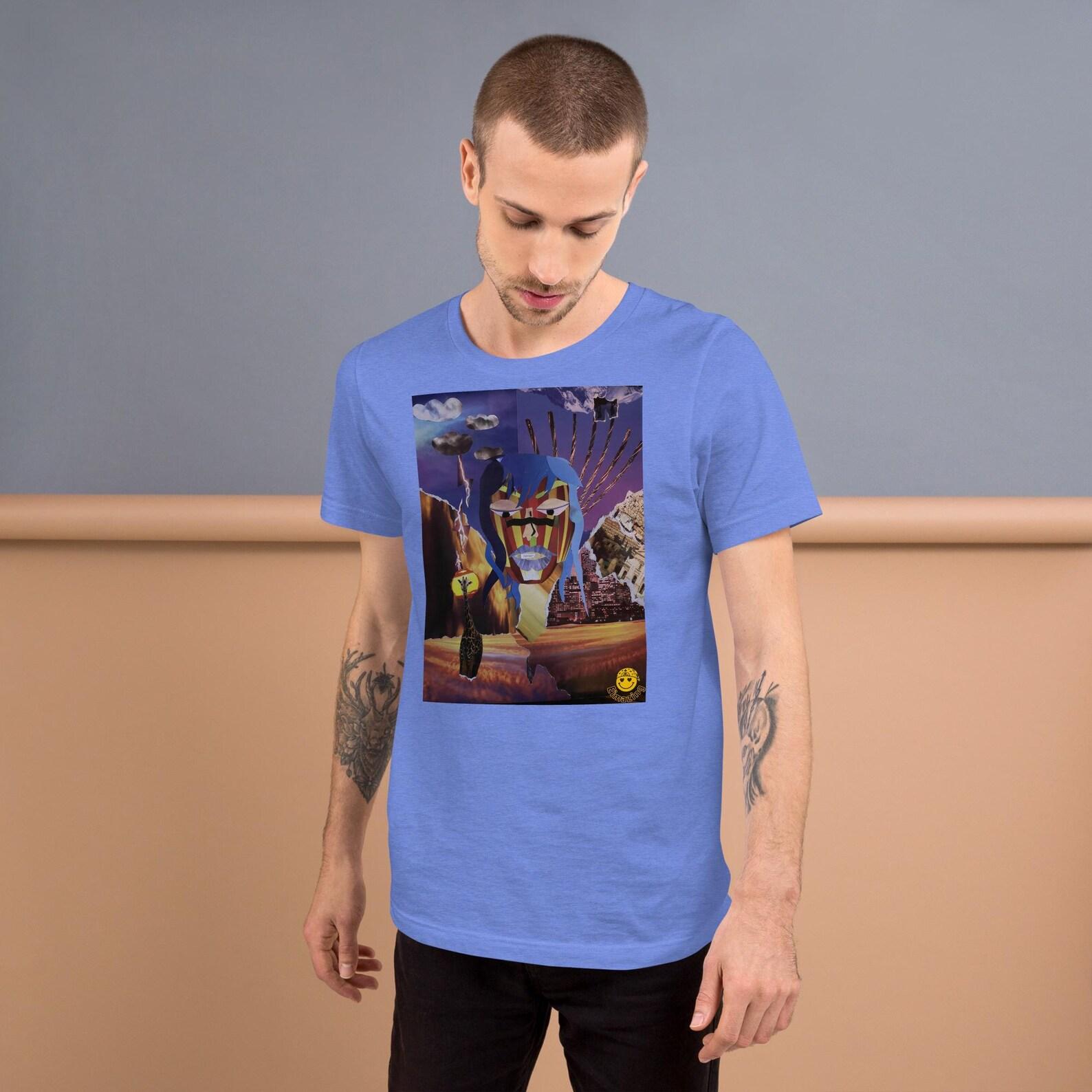 Fantasy Collage Graphic Tee – Abstract Face & Sunset City – Artsy Unisex Shirt L