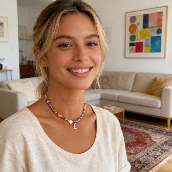 Colier Guler cu Mărgele Femei Colier cu Mărgele Colorate Colier cu Pandantiv cu Inițială Guler cu Inițială în Formă de Inimă Cadou de Ziua de Naștere pentru Fete Soție Prietenă