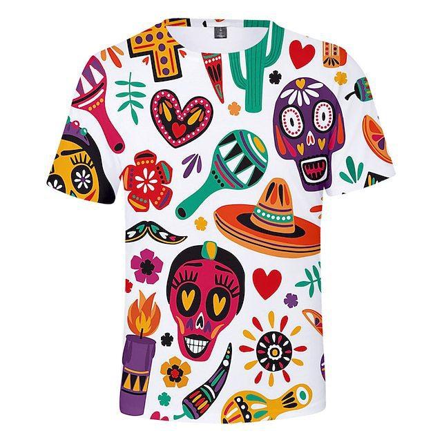 Summer Round Neck 3D Day of the Dead Colorful Skull Print Top Fashionable Casual Short Sleeved Men's and  Women's Unisex T-shirts