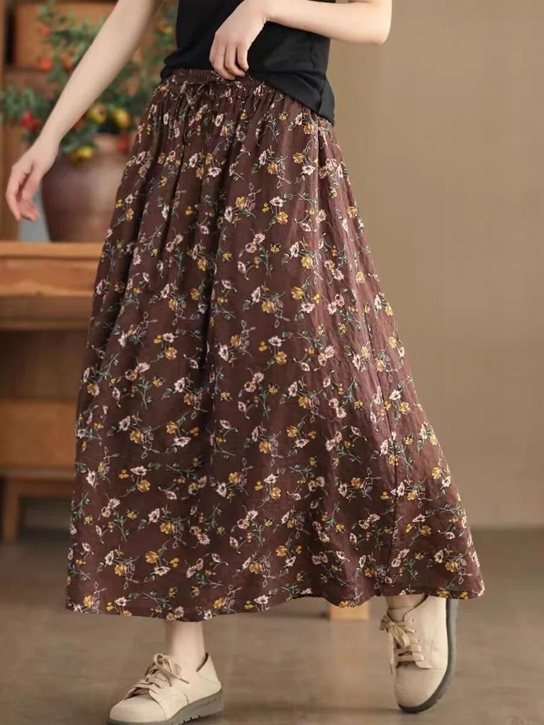 Floral Print Vintage Johnature Women Skirts Elastic Waist Casual Cloths Spring Soft Women Aline Skirts