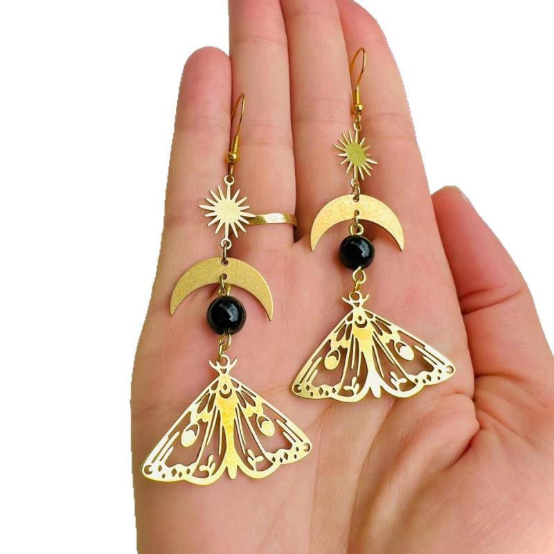 Golden Moth Moon Pendant Earrings with Black Jade & Crystal Butterfly Design