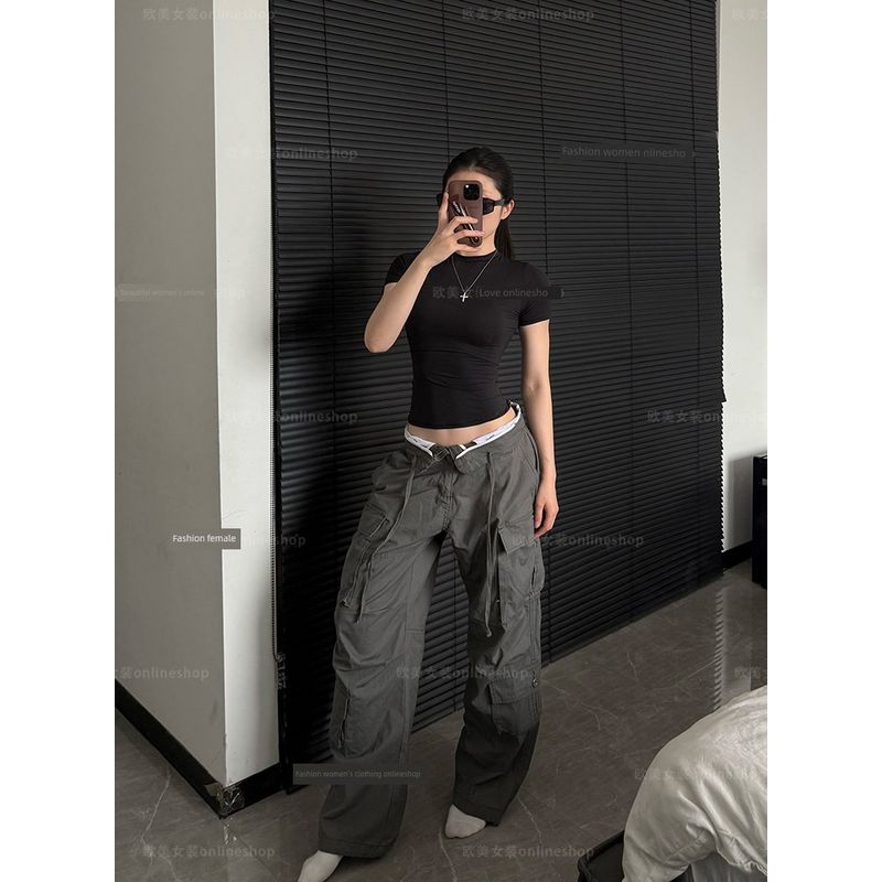 

[Chao Light and Thin] Kardashian T-shirt Tight T-shirt Simple Quick-Drying Top Yoga Clothes Flattering Figure Base T Black L