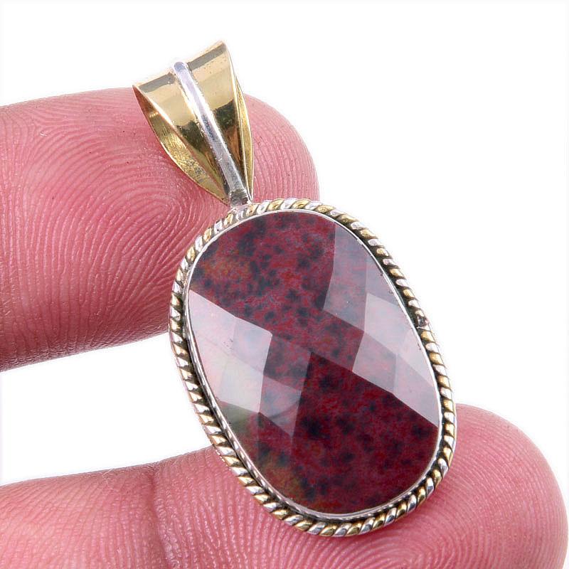 

Natural Bloodstone Gemstone 925 Solid Sterling Silver TwoTone Pendant 1.50 Z3g72
