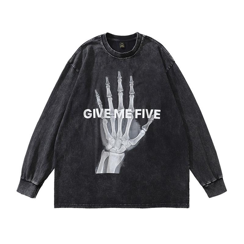 European And American High Street Spoof Print Vintage Hip Hop Retro Wind Wash Water Round Neck Long Sleeve Bottoming T-Shirt Men And Women
