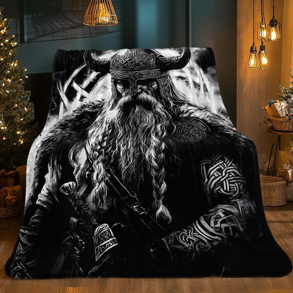 Viking Warrior Norse God Odin Flannel Blanket Nordic Mythology Black White Art Soft Throw Cover Men Gift