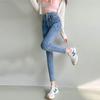 Women's High-Waisted Denim Skinny Pants, Winter Style – Elastic, Slim-Fit, Tummy-Control, Hip-Lifting, Nine-Point Length.