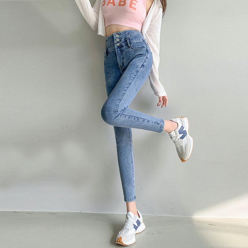 Women's High-Waisted Denim Skinny Pants, Winter Style – Elastic, Slim-Fit, Tummy-Control, Hip-Lifting, Nine-Point Length.