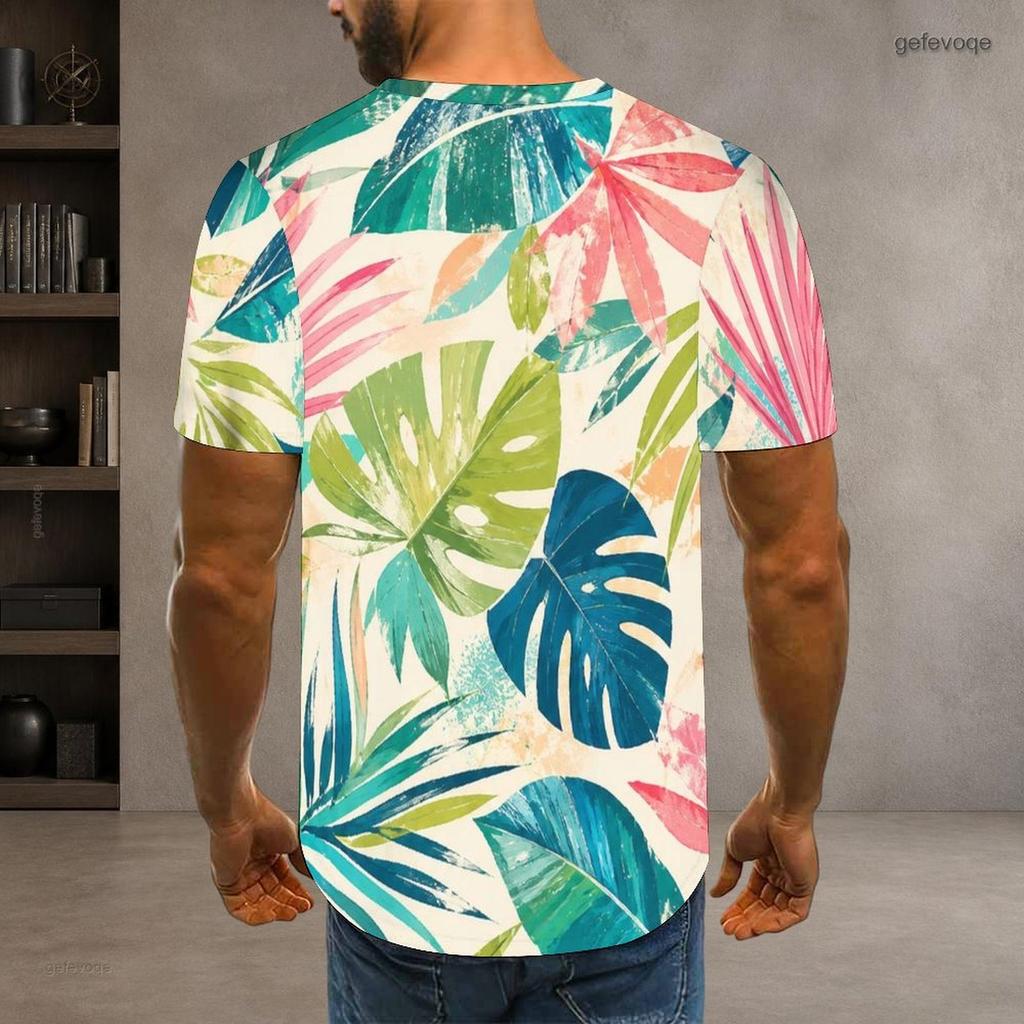 Men Plus Size Round Neck Short Sleeve Blue Yellow Tropical Leaf Printed T Shirt