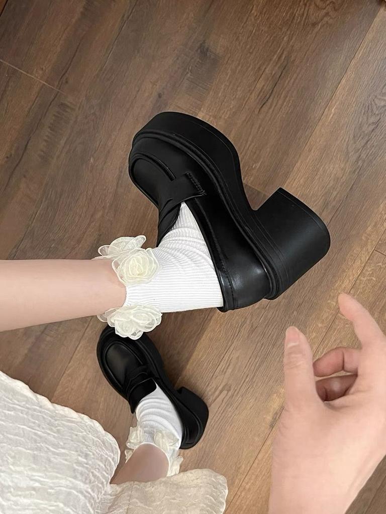 British college style black thick heel heightened platform small leather shoes women's summer new high heel loafers