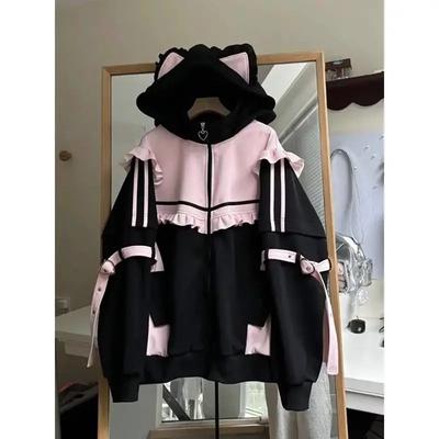 Sweet Subculture Clothing Hoodie Women Tops Autumn and Winter Color Match Splicing with Thick Velvet Cardigan Coat