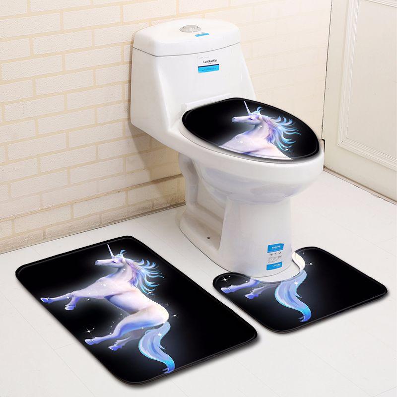 Unicorn Bathroom Toilet Three-Piece Floor Mat Doormat Bathroom Carpet