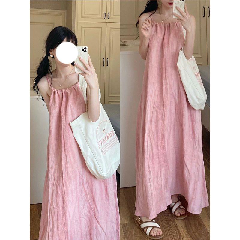 Solid Color Ruched Off-Shoulder Halterneck Summer Dress - Women's Slimming Beach Vacation Maxi Dress