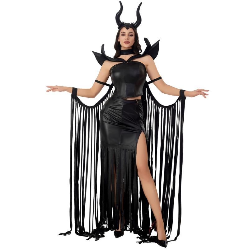 Movie Sleeping Spell Sexy Witch Goth Vampire Halloween Costume Black Leather Dress