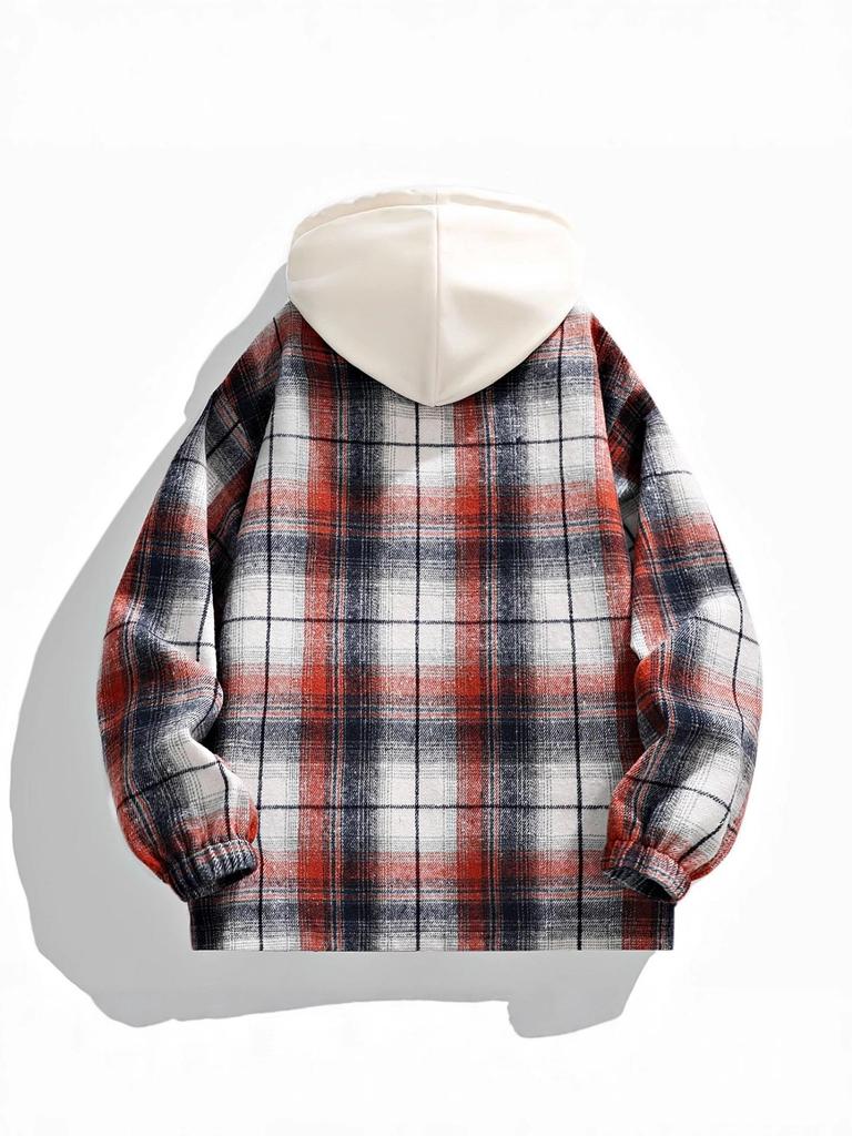 2025 Autumn Men's Retro Plaid Hooded Fake Two-Piece Casual Jacket