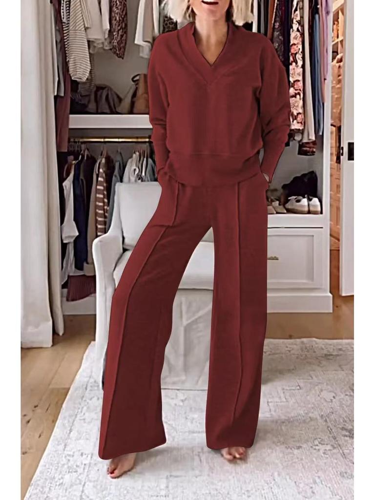 2025 Autumn/Winter V-neck Long Sleeve Loose Solid Color Women's Fashion Casual Pants Set