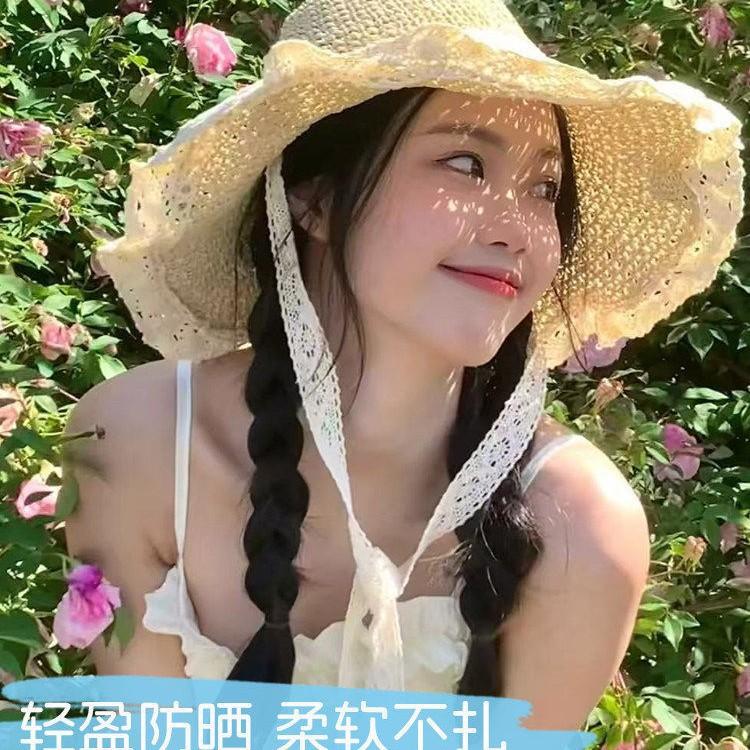 Beyond the Straw Hat Travel Seaside Lace-Up Straw Lace Sun Hat Beach Sunscreen Ins Hat Sun Hat Summer