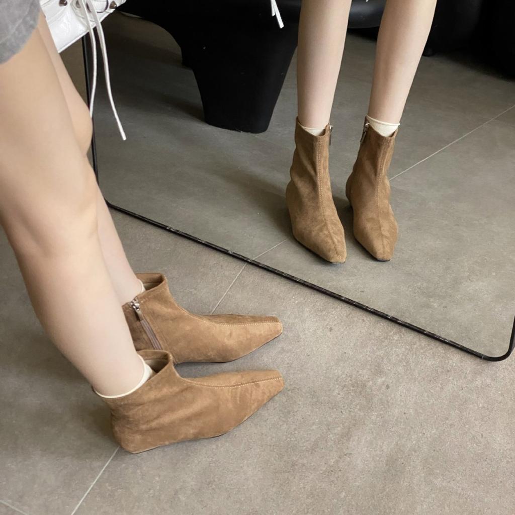 2025 autumn and winter new square head suede short heel temperament French fashion sexy beautiful women short boots