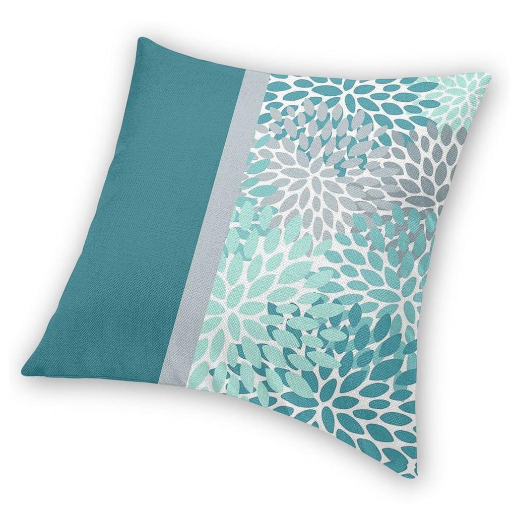 Floral Teal Turquoise Gray Square Pillowcase Polyester Linen Velvet Pattern Zip Decorative Home Cushion Cover 18"