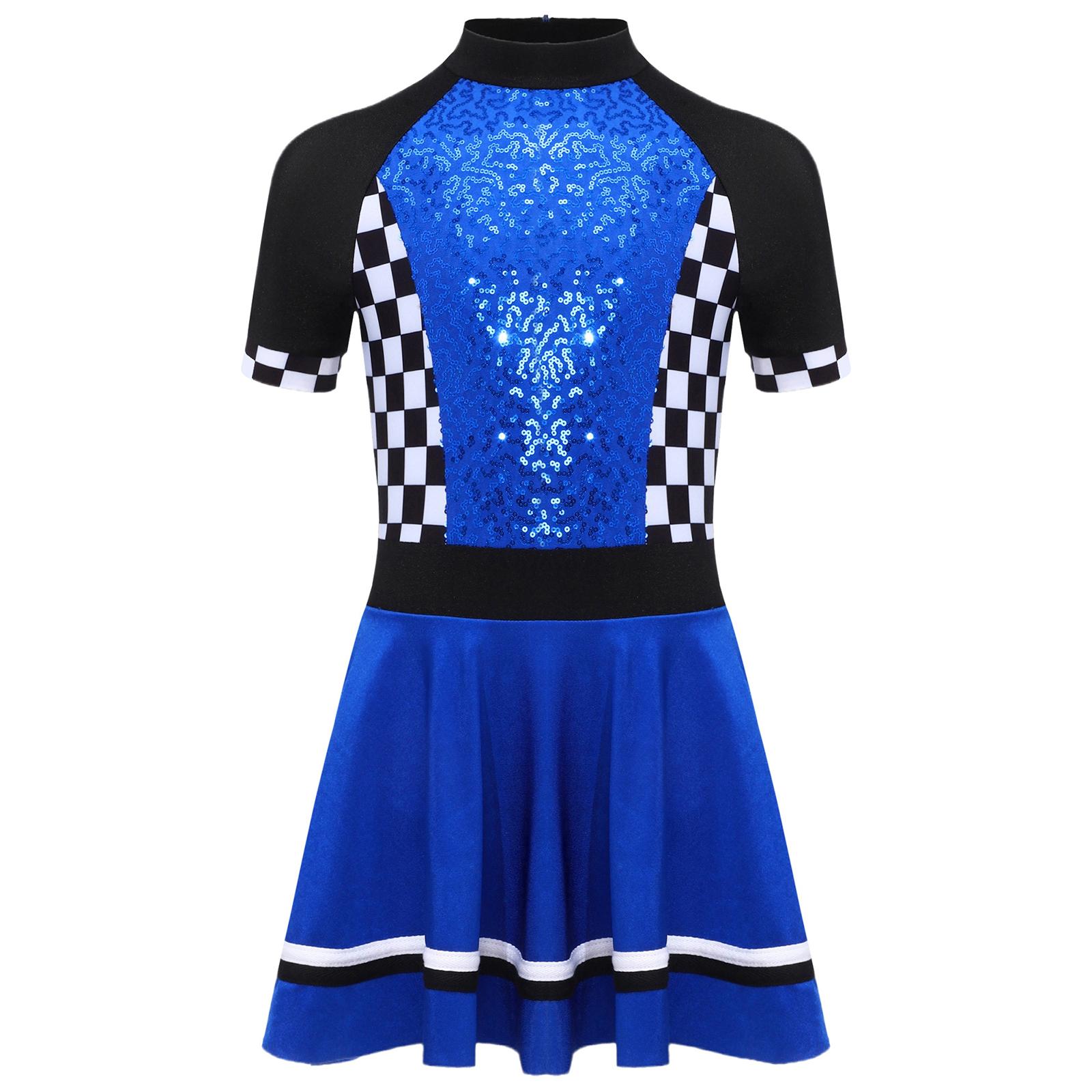 

Костюм для гонок для девочек, с воротником-стойкой, с короткими рукавами, на молнии сзади, платье в клетку с пайетками, со встроенными трусиками 5-6 Years королевский синий