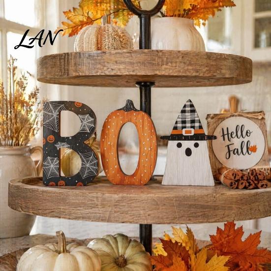 Playful Halloween Desktop Decorations Wooden BOO Ornaments, Lettering Decorations, Rustic Bat Pumpkin Ghost Themed Wood Crafts Table Signs for