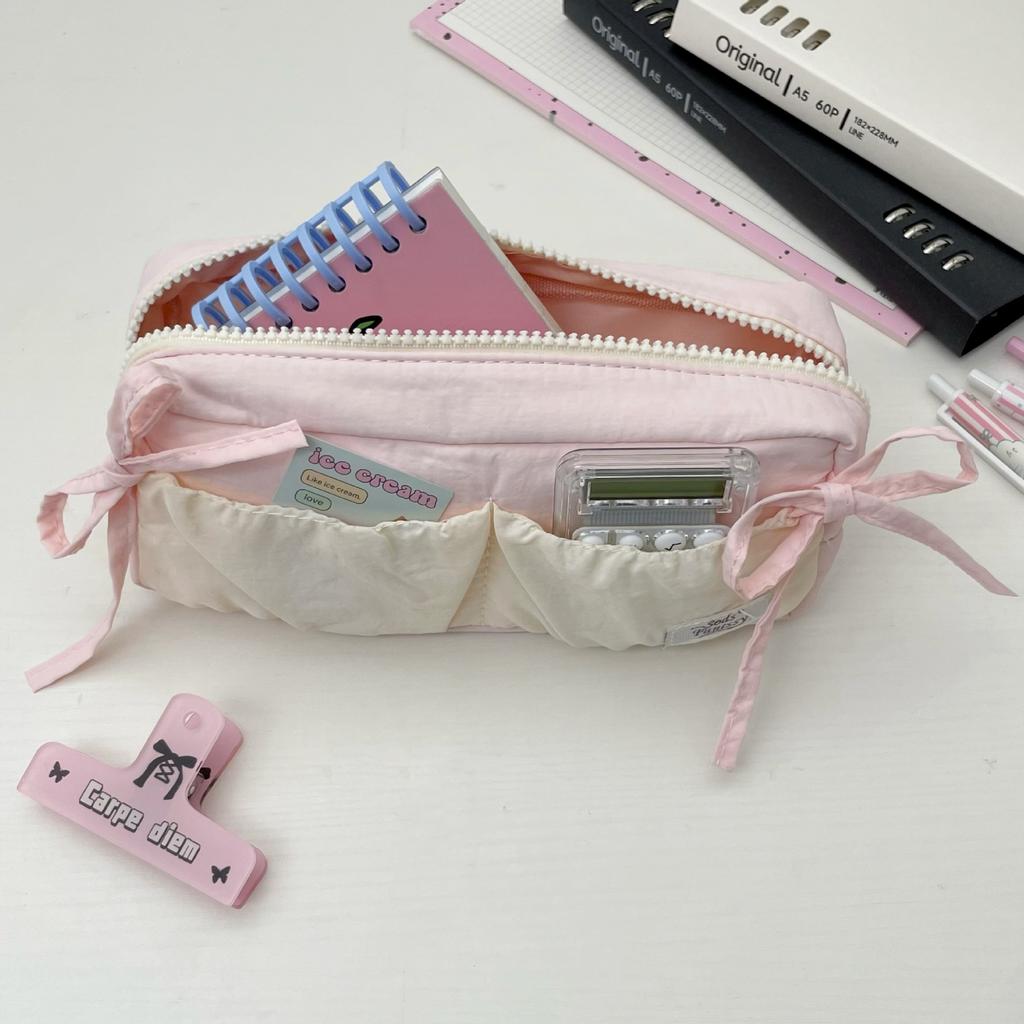 1 Piece Cute Fashion Bow Pencil Case Soft Fabric Casual Large Capacity Stationery Case Portable School Pen Bag Student