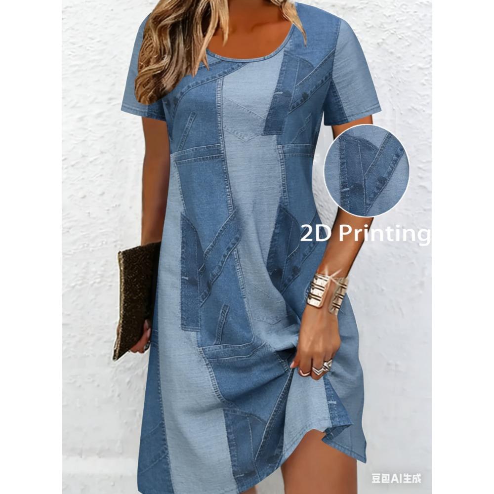 Breathable printed round-neck short-sleeved T-shirt dress